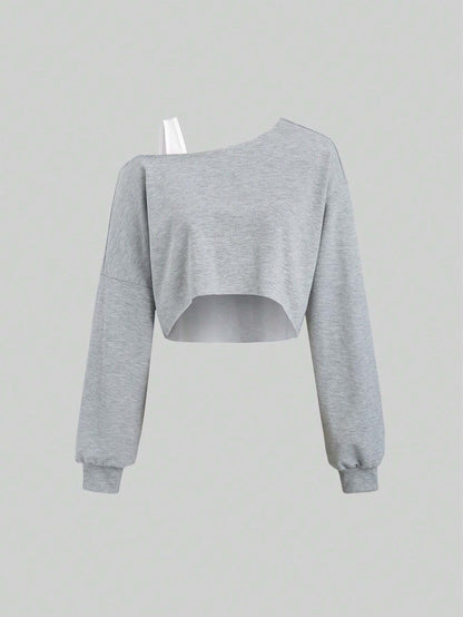 Asymmetric Off Shoulder Top for Women, Sporty Long Sleeve Cropped T-Shirt Slash Neck Blouse