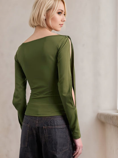 Off Shoulder Knit Top for Women, Cut Out Long Sleeve Slim Fit Statement T-Shirt