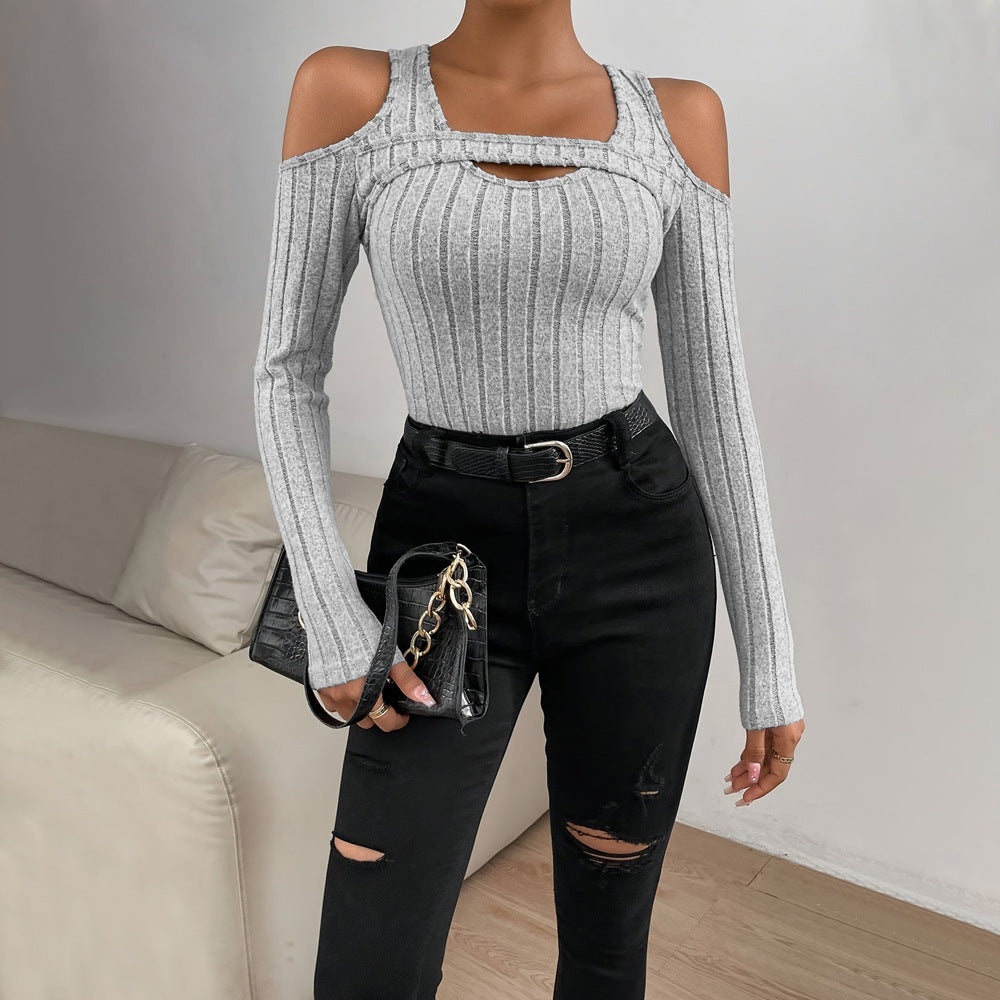 Wide Rib Off Shoulder Top for Women, Long Sleeve Slim Fit T Shirt Double Layer Neck Blouse