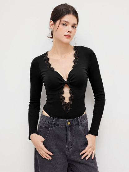 Black V-Neck Lace Trim Bodysuit for Women, Long Sleeve Cut Out Detail Slim Fit Chic Layering Top