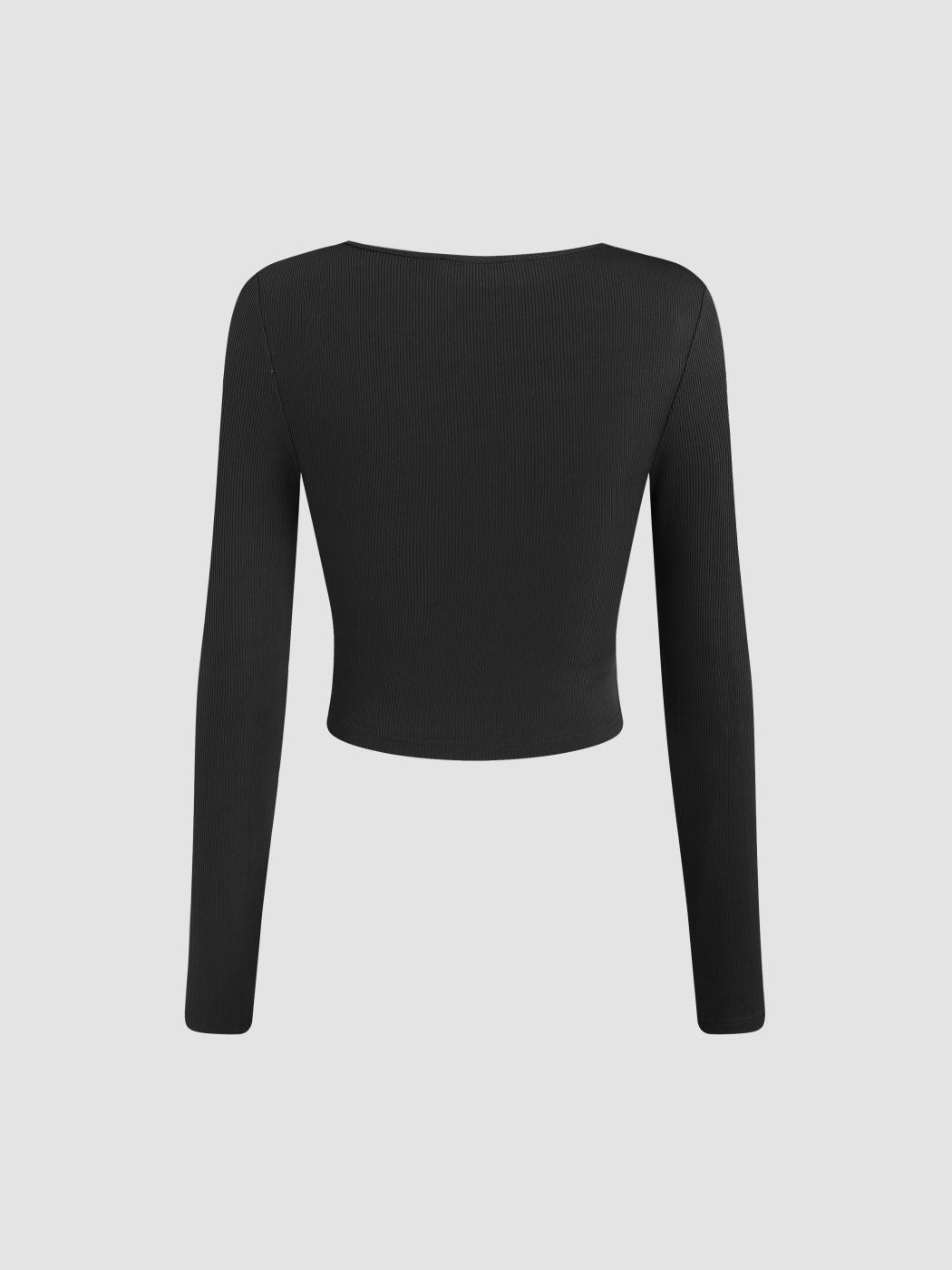 Square Neck Pleated Detail Knit Top for Women, Slim Fit Long Sleeve Cropped T-Shirt Chic Blouse
