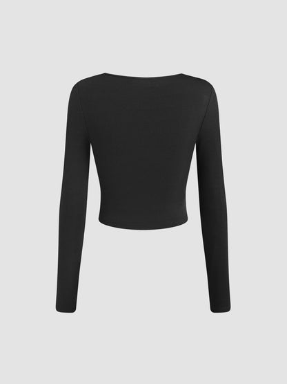 Square Neck Pleated Detail Knit Top for Women, Slim Fit Long Sleeve Cropped T-Shirt Chic Blouse
