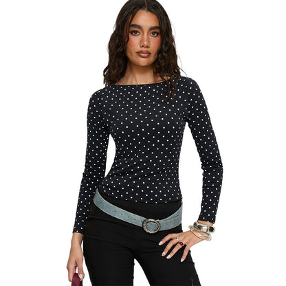 Black White Polka Dot Backless Top for Women, Long Sleeve Slim Fit T Shirt Square Neck Versatile Layering Blouse