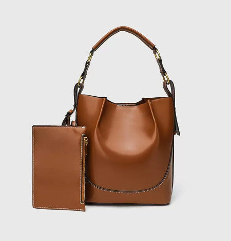 Vintage Ruched Bucket Bag - Large Capacity PU Bag with Magnetic Closure, Wide Strap Shoulder Bag for Women