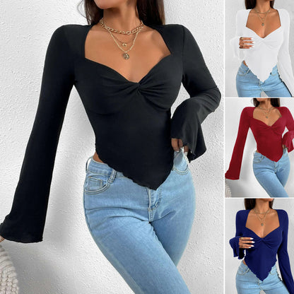 V-Neck Vacation Knit Top for Women, Bell Sleeve Asymmetric Hem T-Shirt with Waist Tucking Design