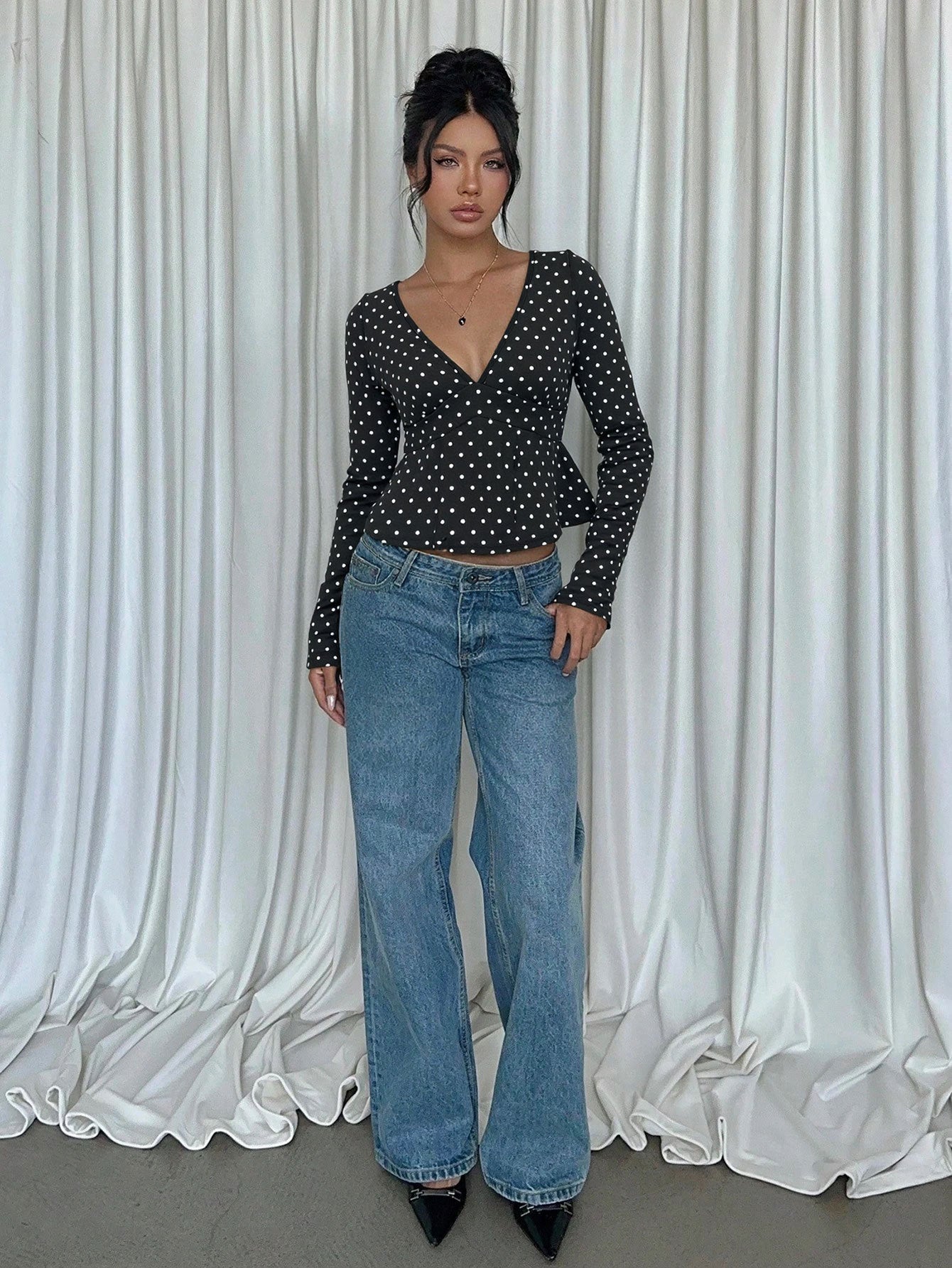 V-Neck Polka Dot Top for Women, Retro Waist Tucking Long Sleeve T-Shirt Slim Fit Sexy Chic Blouse