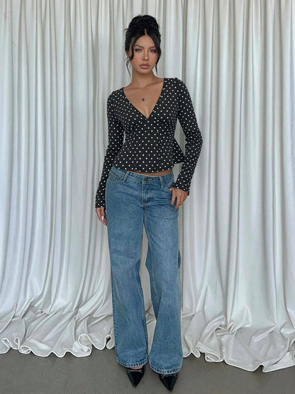 V-Neck Polka Dot Top for Women, Retro Waist Tucking Long Sleeve T-Shirt Slim Fit Sexy Chic Blouse
