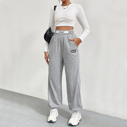 Grey Tapered Sweatpants for Women, Fall Winter Slim Fit Wide Leg Joggers with Elastic Cuff