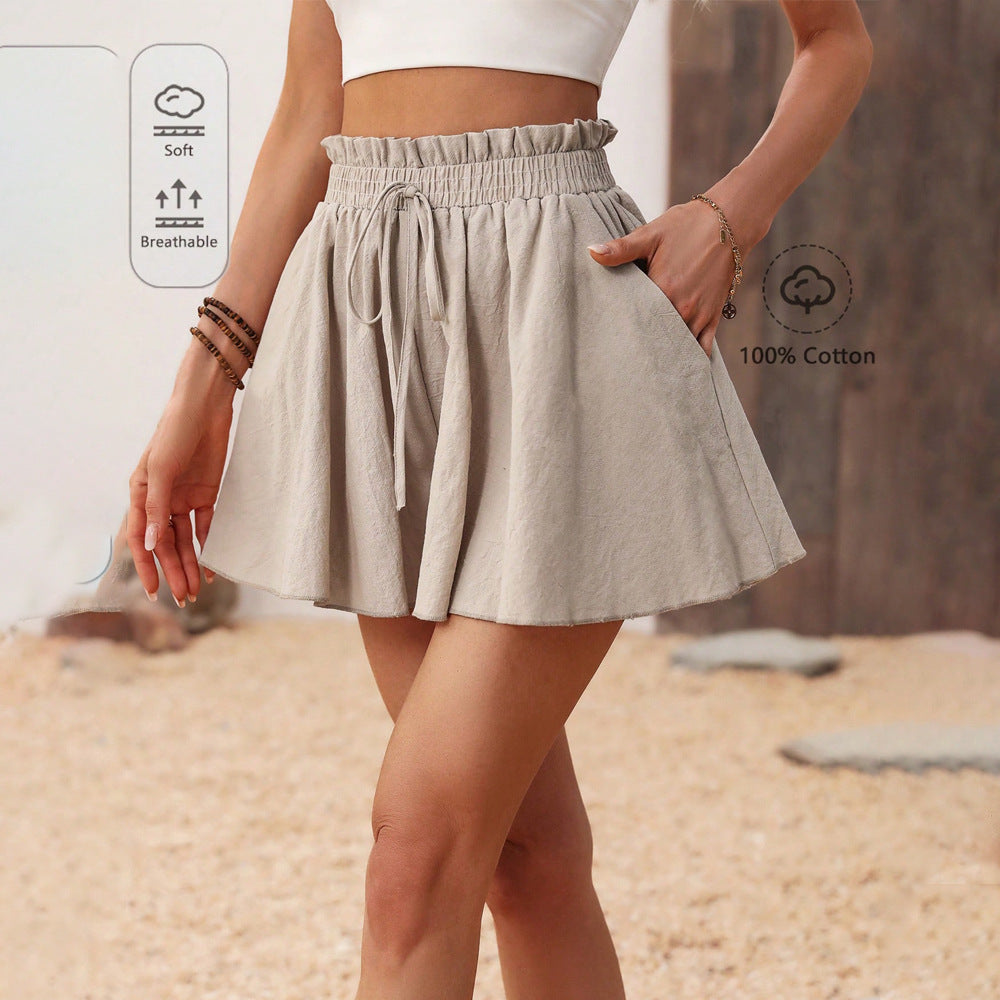 Washed Cotton Drawstring Shorts for Women, Relaxed Fit Wide Leg Elastic Waist Casual Lounge Shorts
