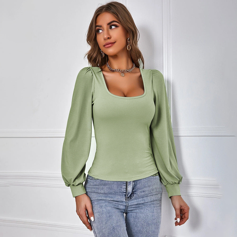 Avocado Green Square Neck Top for Women, Puff Sleeve Knit T-Shirt Slim Fit Long Sleeve Blouse
