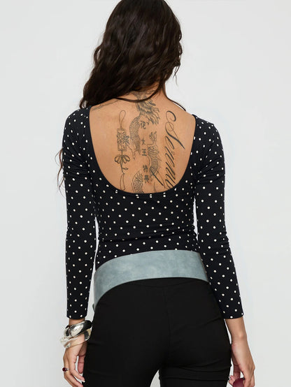 Black White Polka Dot Backless Top for Women, Long Sleeve Slim Fit T Shirt Square Neck Versatile Layering Blouse