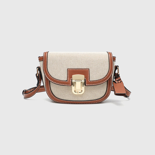 Korean Style Vintage Saddle Bag - Color Block PU Crossbody Bag with Lock, Adjustable Underarm Purse