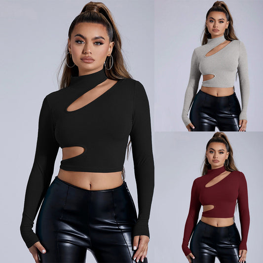 Black Mock Neck Bodycon Top for Women, Sexy Long Sleeve Cropped T-Shirt with Cut Out Detail