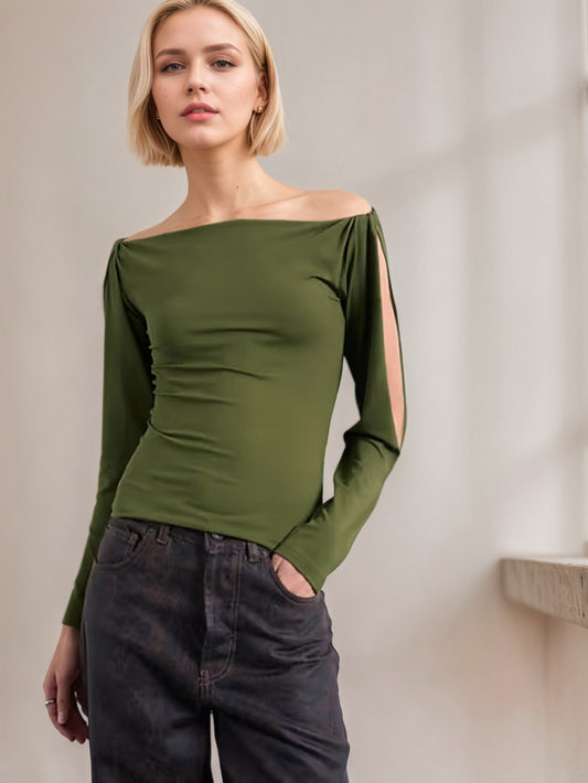 Off Shoulder Knit Top for Women, Cut Out Long Sleeve Slim Fit Statement T-Shirt