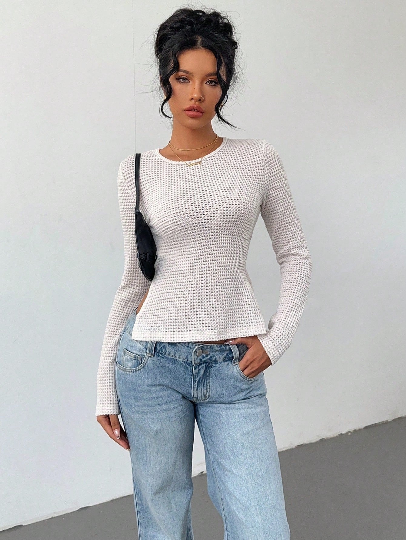 Cut-Out Back Tie Waist Top for Women, Round Neck Slim Fit T Shirt Long Sleeve Blouse