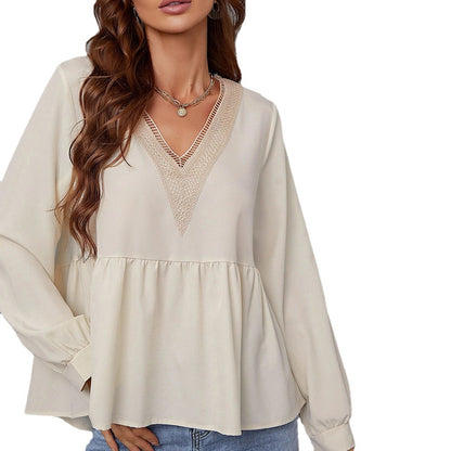 Lace Trim V-Neck Blouse for Women, Office Long Sleeve Pullover Shirt Loose Fit Layering Top