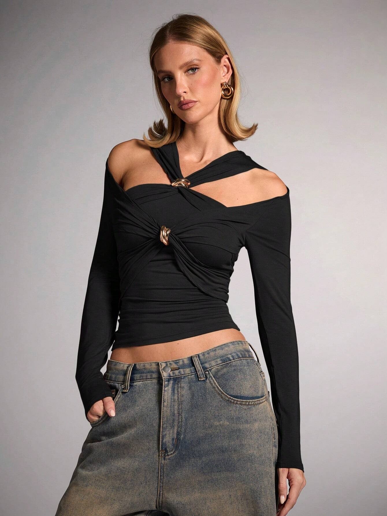 Halter Neck Long Sleeve Top for Women, Streetwear Off Shoulder Slim Fit Sexy T Shirt