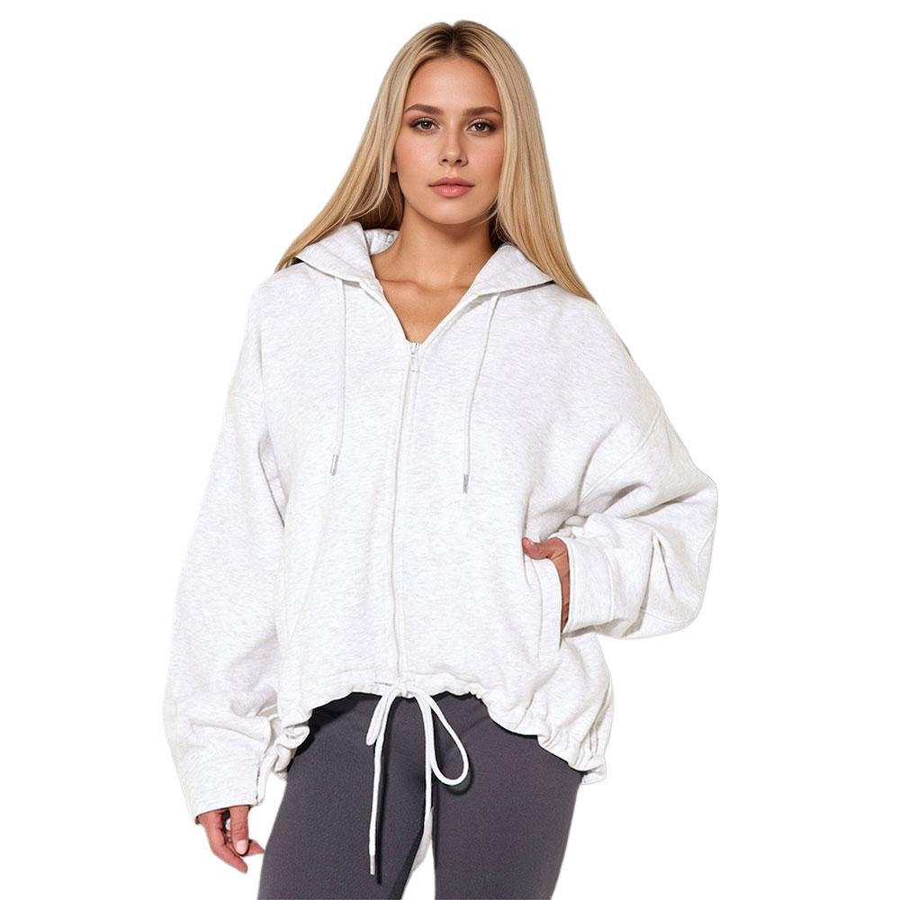 Women's Casual Hooded Zip-Up Knit Sweatshirt, Solid Color Loose Fit Pullover Jacket