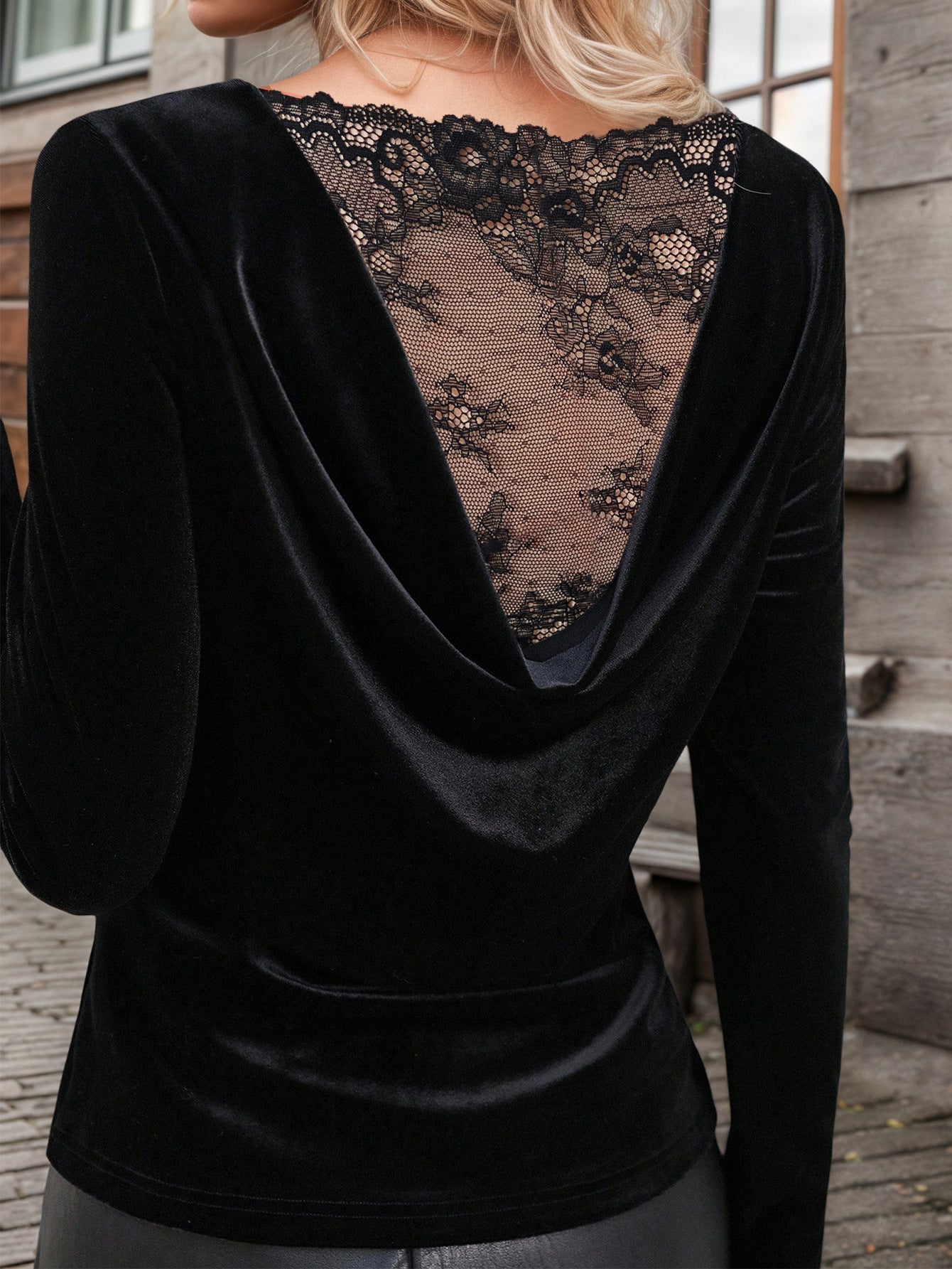 Black Velvet Deep V Cowl Neck Top for Women, Sexy Long Sleeve Blouse with Back Lace Cutout
