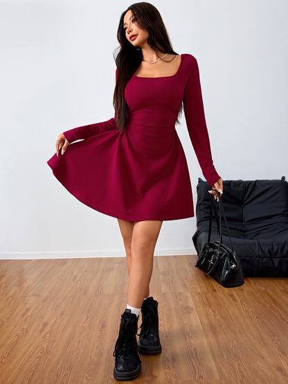 Burgundy Square Neck Knit Dress for Women, Elegant Long Sleeve Mini Dress with Waist Tucking A-Line