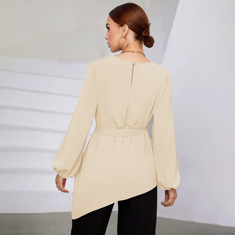 Mid-Length Women's Shirt, Round Neck Puff Sleeve Asymmetrical Hem Blouse with Waist Tucking Design