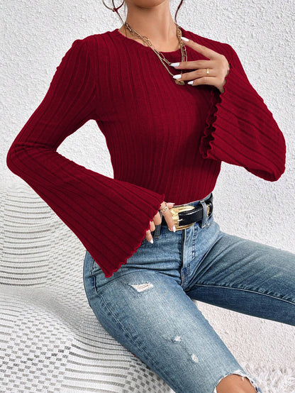 Burgundy Ribbed Knit Top for Women, Round Neck Long Sleeve Bell Sleeve Slim Fit T-Shirt Office Blouse