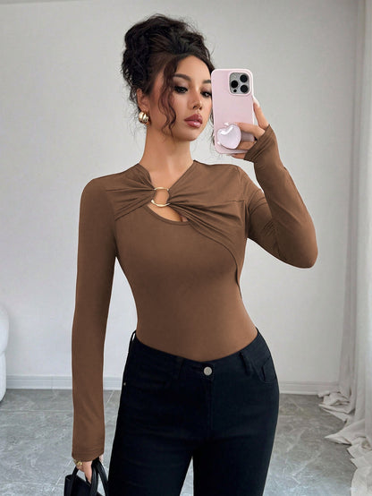 Solid Color Cut-Out Neckline Top for Women, Long Sleeve Structured Shoulder Slim Fit Layering Blouse