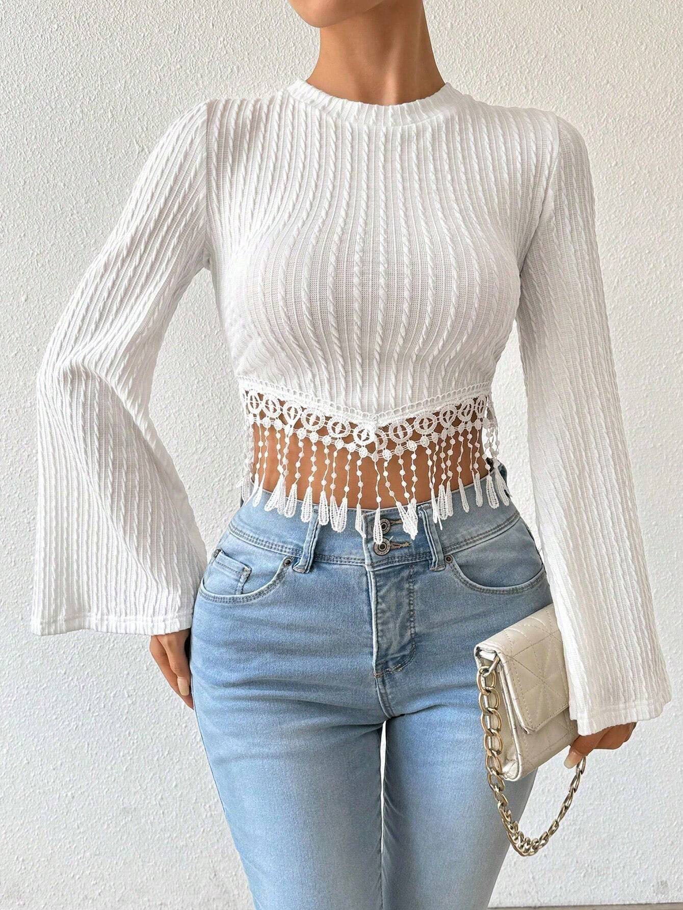 Fringe Hem Bell Sleeve Top for Women, Round Neck Cropped T-Shirt Fall Winter Elegant Boho Blouse