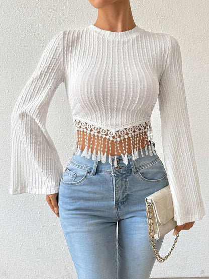 Fringe Hem Bell Sleeve Top for Women, Round Neck Cropped T-Shirt Fall Winter Elegant Boho Blouse