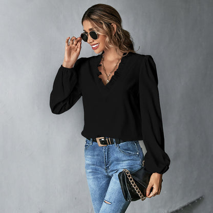 Ruffle V-Neck Blouse for Women, Loose Fit Long Sleeve Puff Sleeve Pullover Office Shirt
