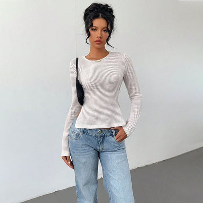 Cut-Out Back Tie Waist Top for Women, Round Neck Slim Fit T Shirt Long Sleeve Blouse