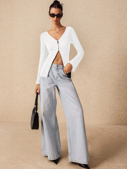 V-Neck Sexy Crop Top for Women, Slim Fit Midriff Cardigan Open Front Blouse