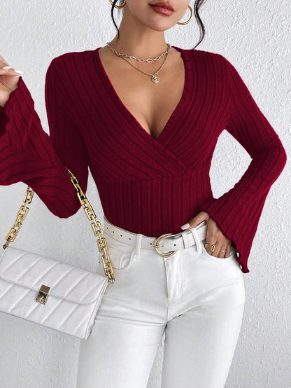 V-Neck Bell Sleeve Long Sleeve Pullover Slim Fit Bodysuit Top
