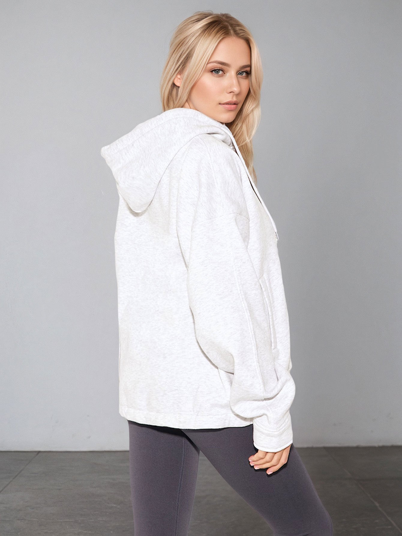 Women's Casual Hooded Zip-Up Knit Sweatshirt, Solid Color Loose Fit Pullover Jacket