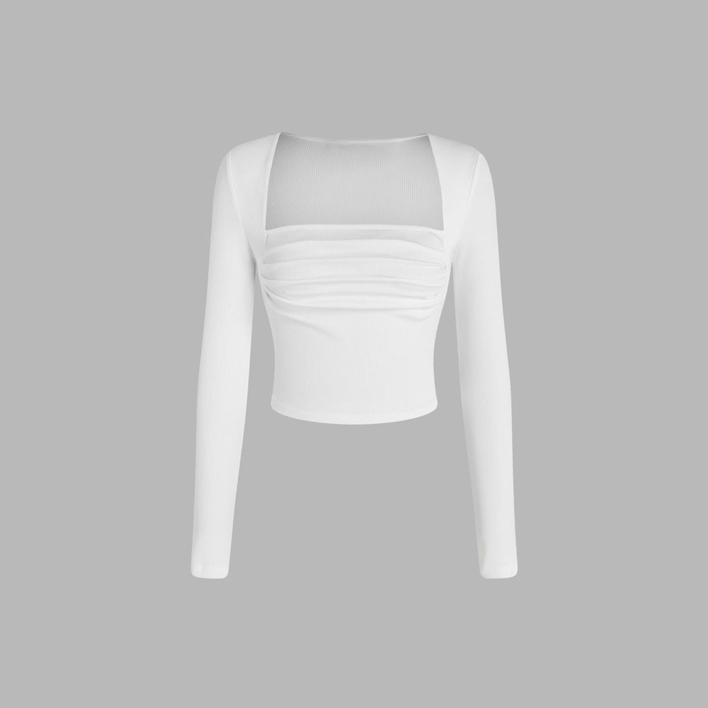 Square Neck Pleated Detail Knit Top for Women, Slim Fit Long Sleeve Cropped T-Shirt Chic Blouse