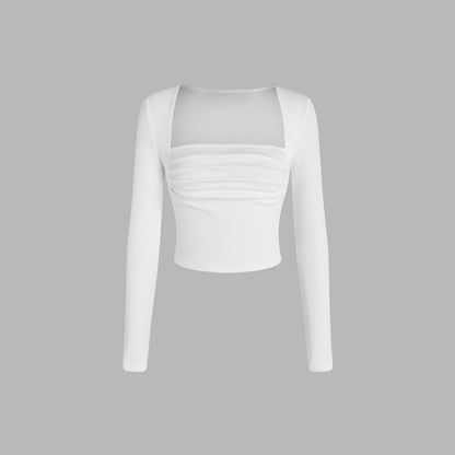 Square Neck Pleated Detail Knit Top for Women, Slim Fit Long Sleeve Cropped T-Shirt Chic Blouse
