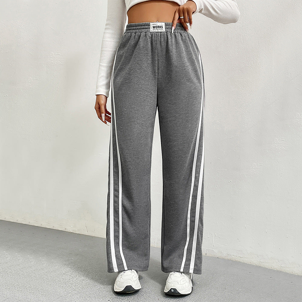 Fall Winter High Waist Sweatpants for Women, Loose Fit Straight Leg Elastic Joggers with Contrast Panel Wide Leg Pants