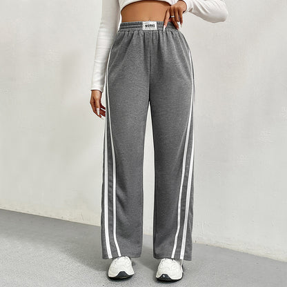 Fall Winter High Waist Sweatpants for Women, Loose Fit Straight Leg Elastic Joggers with Contrast Panel Wide Leg Pants