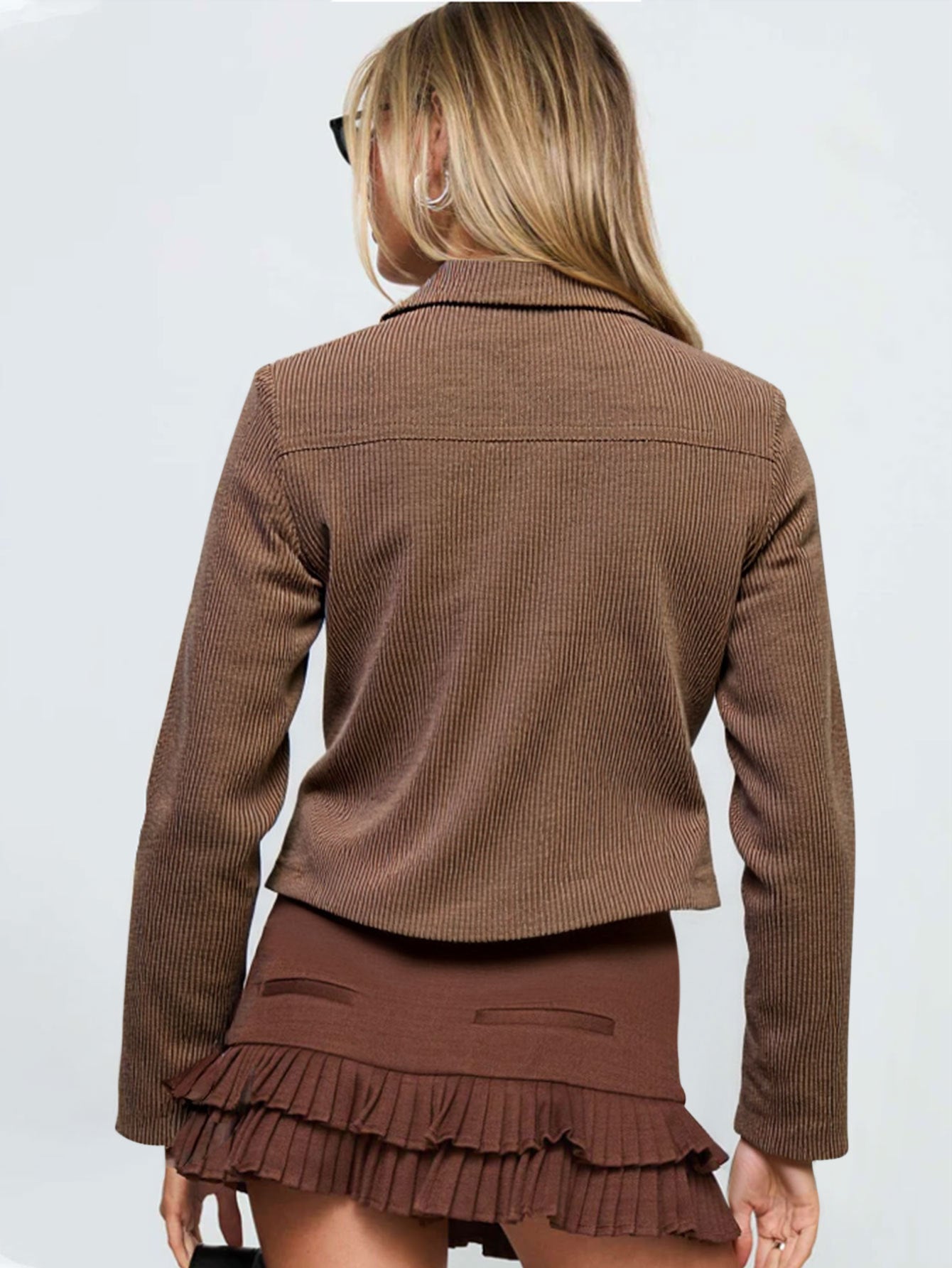 Dark Brown Zip Up Jacket for Women, Long Sleeve Slim Fit Utility Coat Casual Streetwear Fall Winter