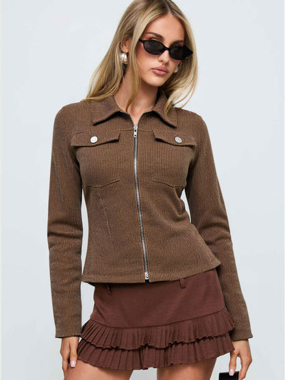Dark Brown Zip Up Jacket for Women, Long Sleeve Slim Fit Utility Coat Casual Streetwear Fall Winter
