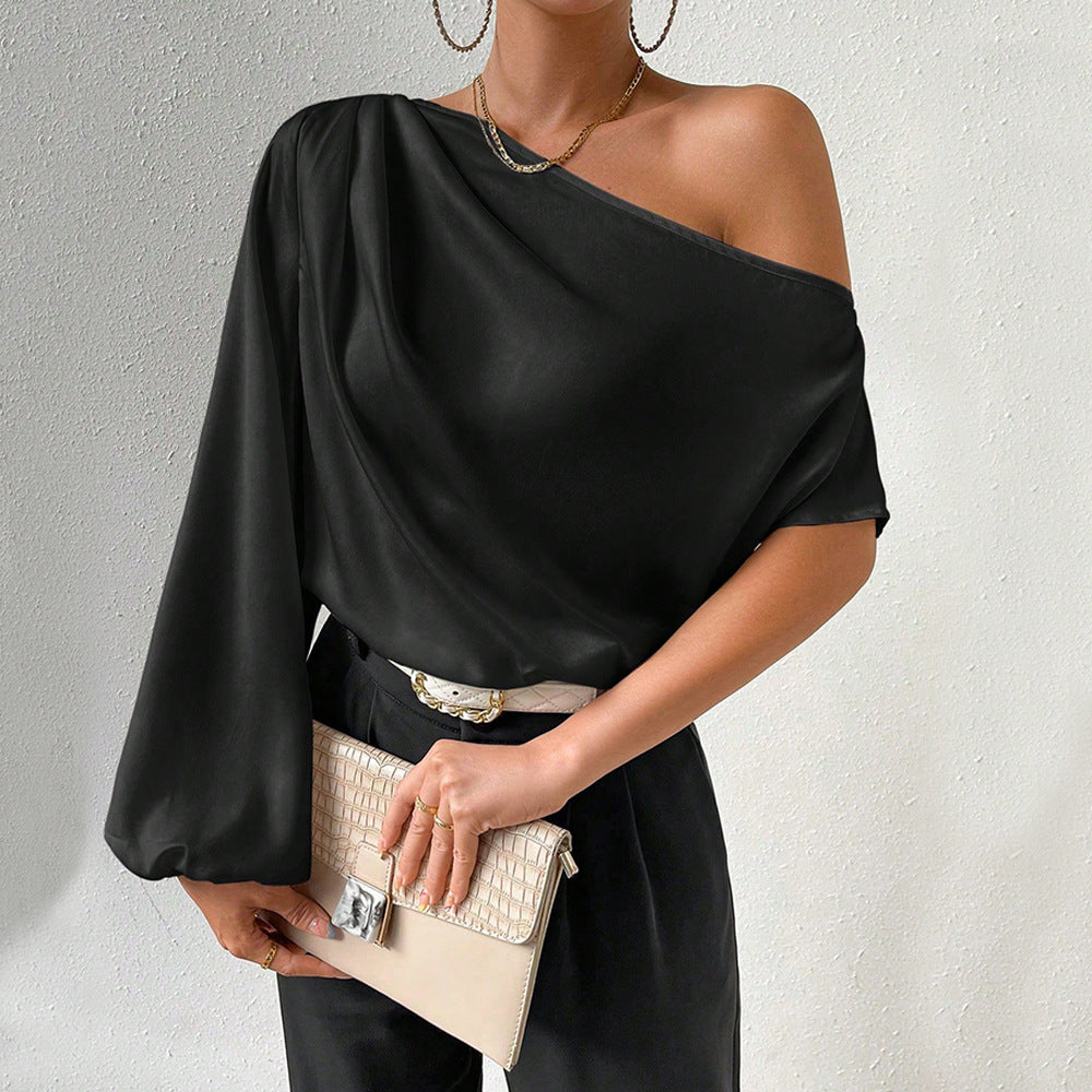 Off Shoulder Slash Neck Pullover Top, Asymmetric Long Short Sleeve Loose Fit Sexy Blouse