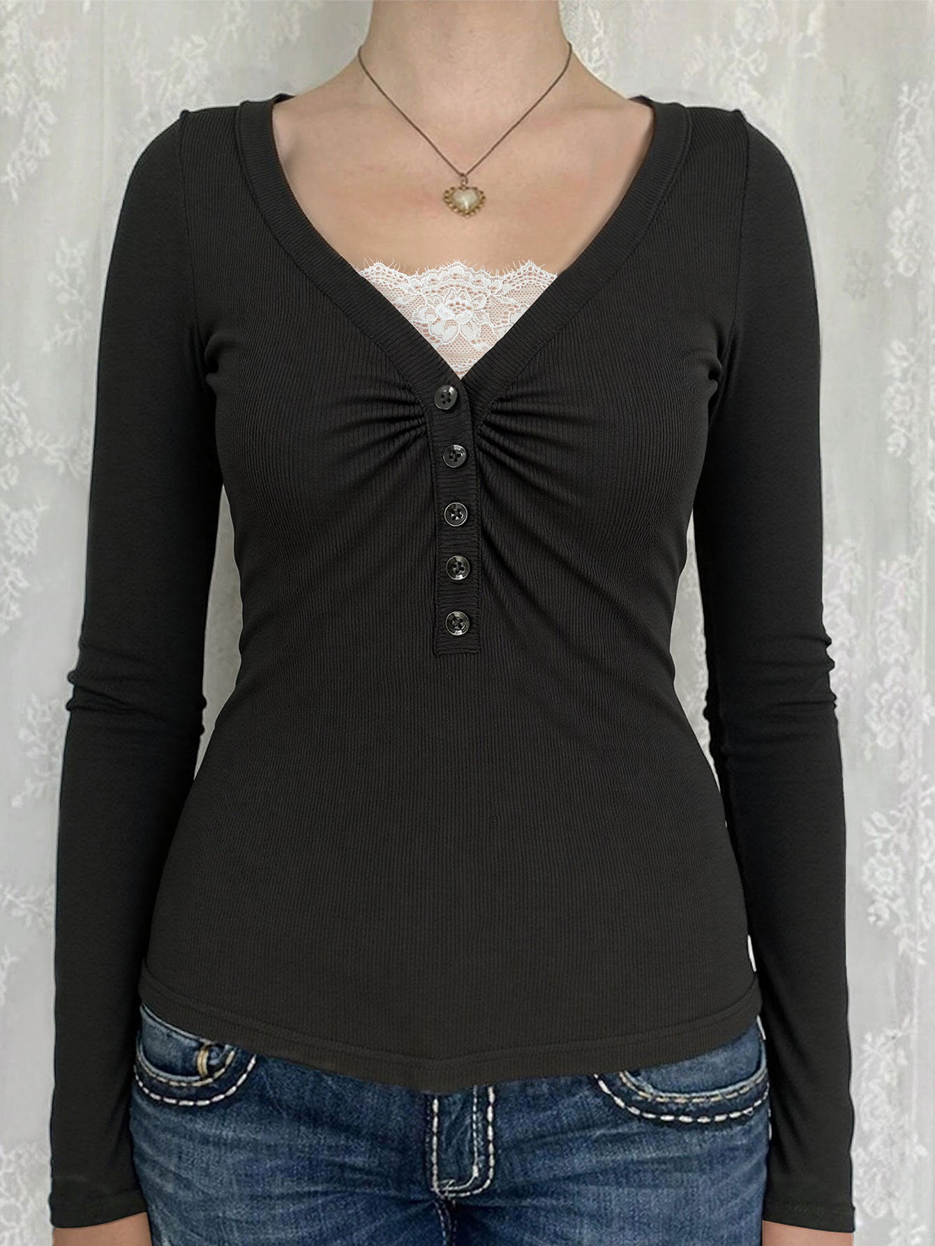 Black French Knit Top with Contrast Lace Insert, V-Neck T Shirt Slim Fit Sexy Long Sleeve Blouse