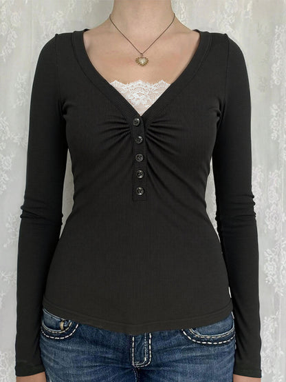 Black French Knit Top with Contrast Lace Insert, V-Neck T Shirt Slim Fit Sexy Long Sleeve Blouse