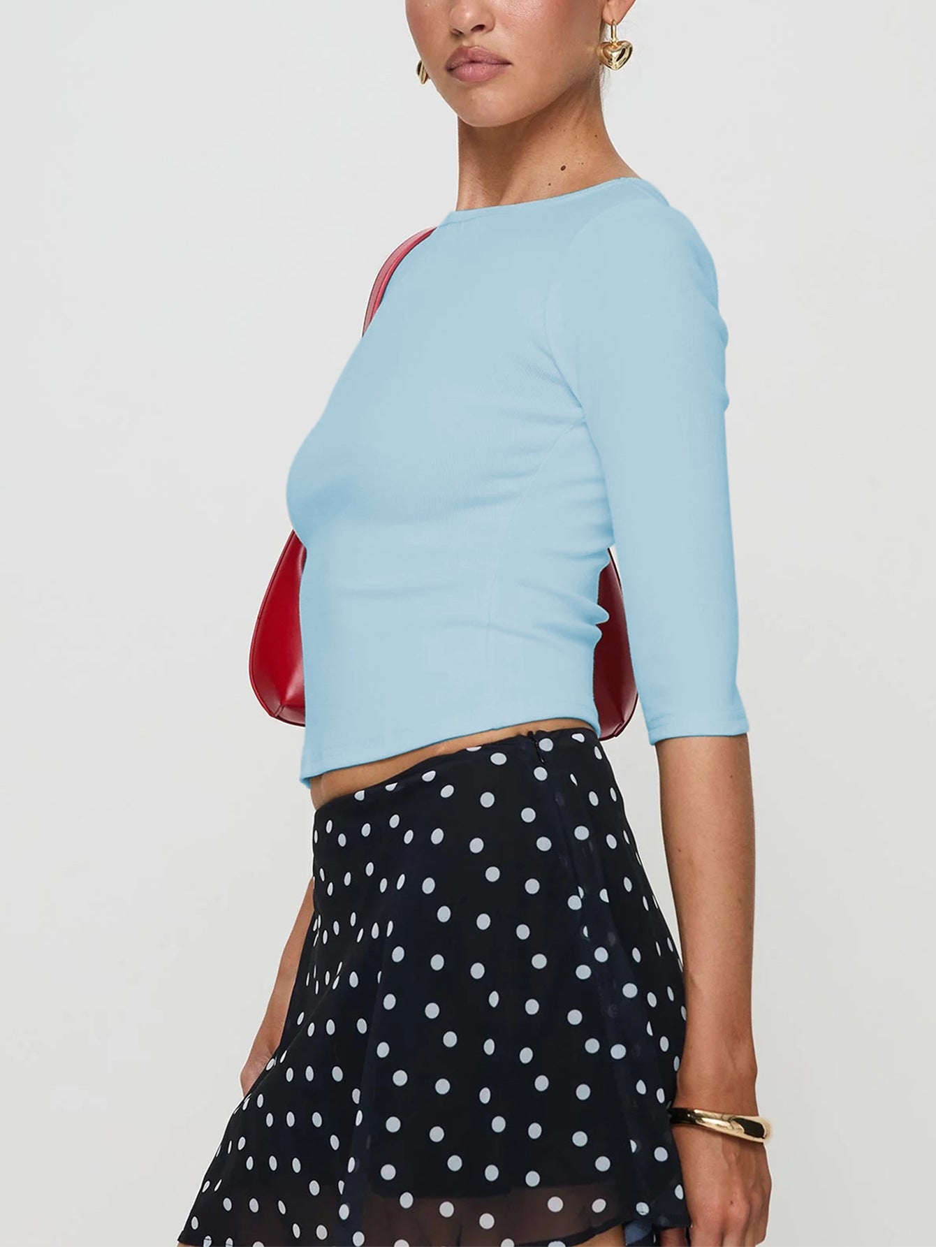 Cropped Knit Top for Women, 3/4 Sleeve Round Neck T Shirt Sweet Solid Color Midriff Blouse