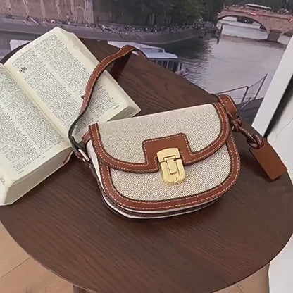 Korean Style Vintage Saddle Bag - Color Block PU Crossbody Bag with Lock, Adjustable Underarm Purse