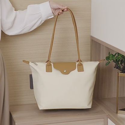 Commuter Bucket Tote Bag for Women - Large Capacity Nylon Shoulder Bag, Lightweight Color Block Work Bag